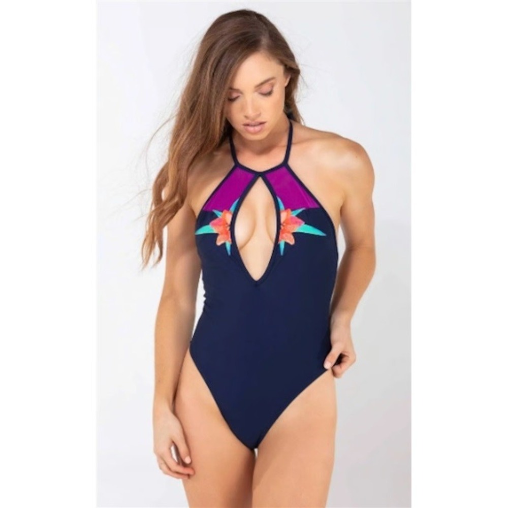 NWT Wet LA XS Deep Plunge Delilah Flower Blue 1PC Swimsuit 127108